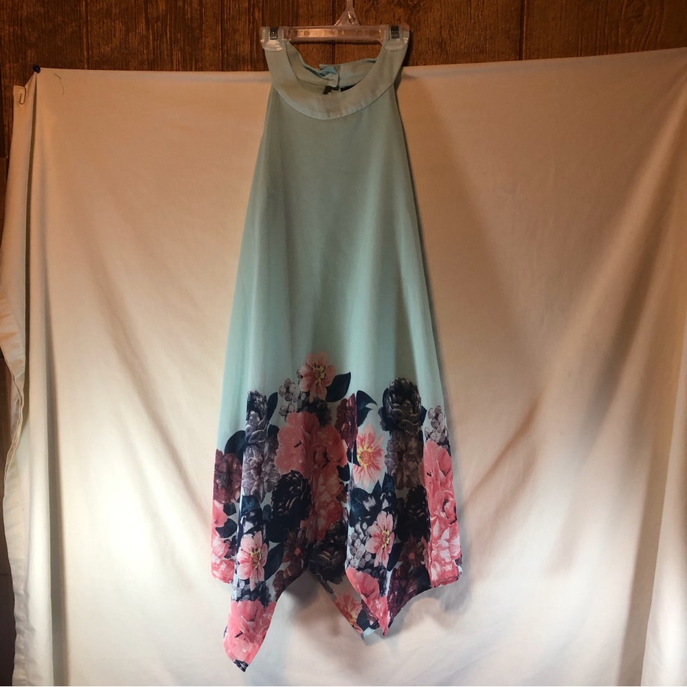 Sequin Hearts Girls sleeveless keyhole back asymmetrical hem grn floral dress 10